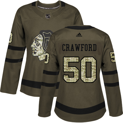 Adidas Blackhawks #50 Corey Crawford Green Salute to Service Women's Stitched NHL Jersey - Click Image to Close